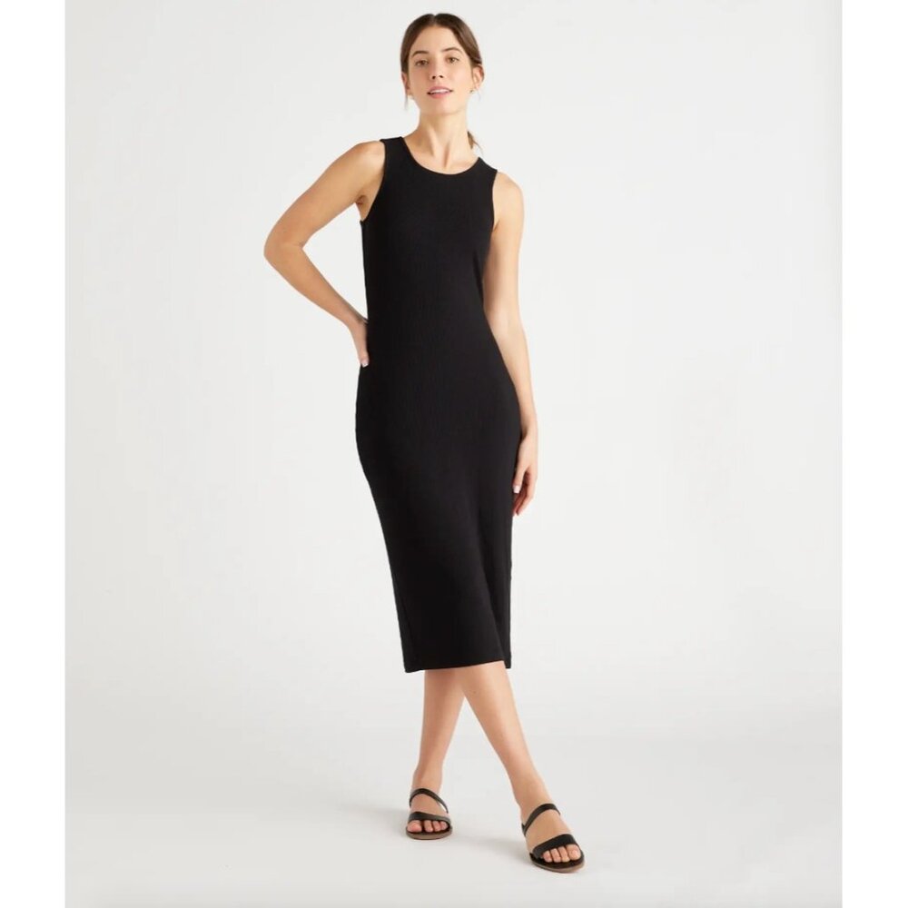 Quince Women’s Black Tencel Rib Knit Midi Dress sz S NWT Sleeveless Mid-Length - Picture 2 of 7